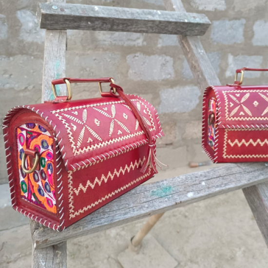HAND EMBROIDERED LEATHER HUT BAG